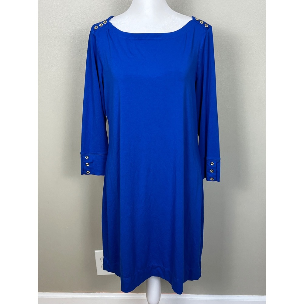 Lilly Pulitzer Blue T-Shirt Dress Gold Button Shoulder 3/4 Sleeve Size L